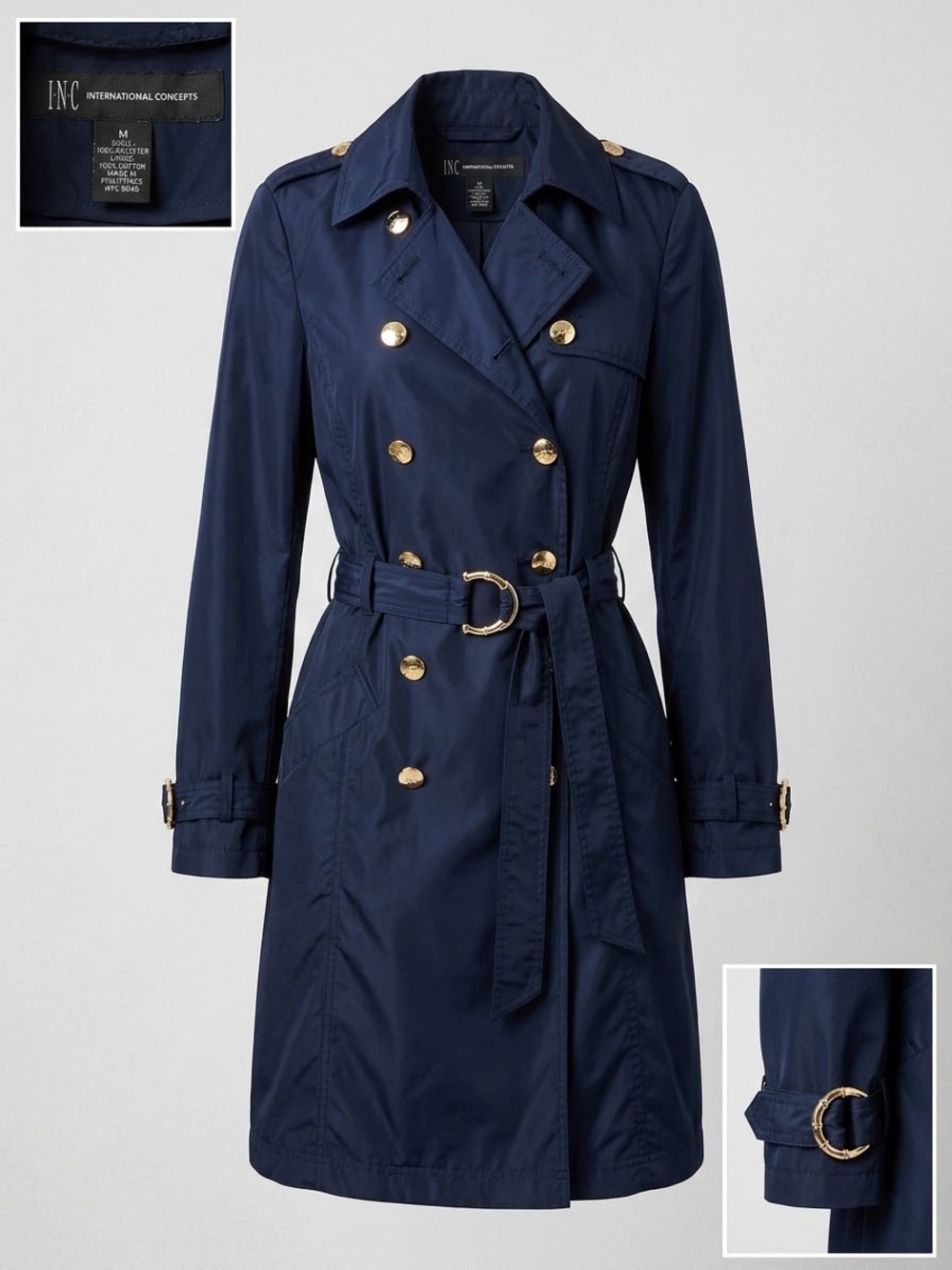 INC International Concepts Navy Double-Breasted Trench with Gold Buttons
